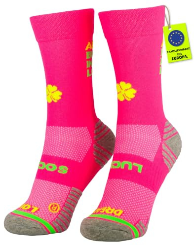 Lucky Socks – Neonfarbene Laufsocken für Männer & Frauen, Atmungsaktiv, Rutschfest, mit Motivierendem Spruch: Always believe in your luck