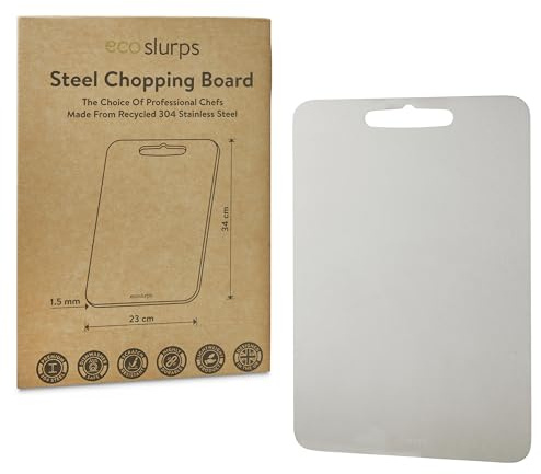 Large Metal Chopping Board EcoSlurps - Thicker 1.5mm British Design, Recycled 304 Stainless Steel Cutting Boards with Handle, Titanium Alternative - Profesional Chef Grade Kitchen Gift (Large (34x23)