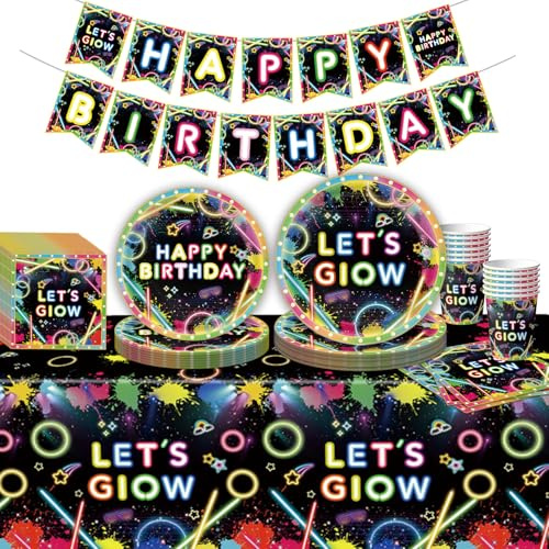 Glow Neon Partygeschirr Set, Geburtstag Party Geschirr, Neon Glow in the Dark Papier Geschirr, für Jugendliche Geburtstag Party Supplies Halloween (Farbe-1)