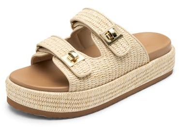 DREAM PAIRS Platform Sandals Women Raffia Espadrilles Summer Comfortable Wedge Sandals Beach Vacation Adjustable Buckle Cute Slide Sandals,Size 6,Natural,SDWS26010W