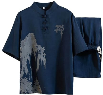 KBOPLEMQ Tang Costume en lin pour homme - Chemise à manches longues et pantalon - Ensemble traditionnel d'arts martiaux - Tenue de loisirs Kung Fu Tai Chi Wushu Chinois - Ensemble 2 pièces - Uniforme