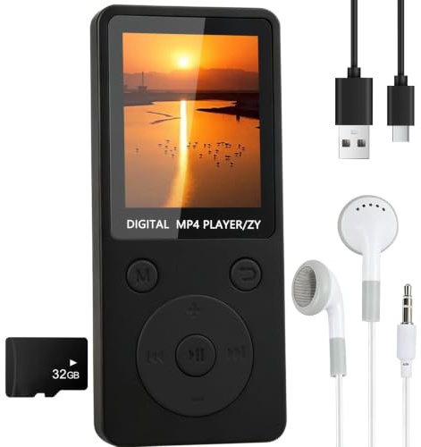 Lecteur MP3 Bluetooth 5.3 32Go avec Haut-Parleur | Baladeur MP3 HiFi Portable avec Écran 1,8 Pouces, Radio FM, Autonomie 70H, Carte TF jusqu'à 128Go, MP4 Léger Sport