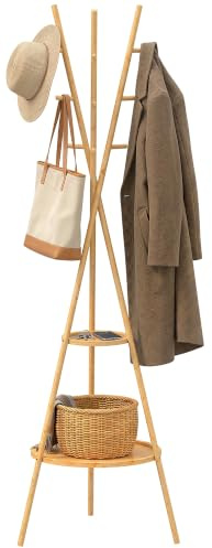 HOMCOM Perchero de Pie de Bambú con 2 Estantes 58,5x58,5x176 cm Natural | Perchero para Ropa, 9 Ganchos, Diseño Elegante, para Colgar Bolsas y Sombreros, Pasillo, Entrada, Dormitorio