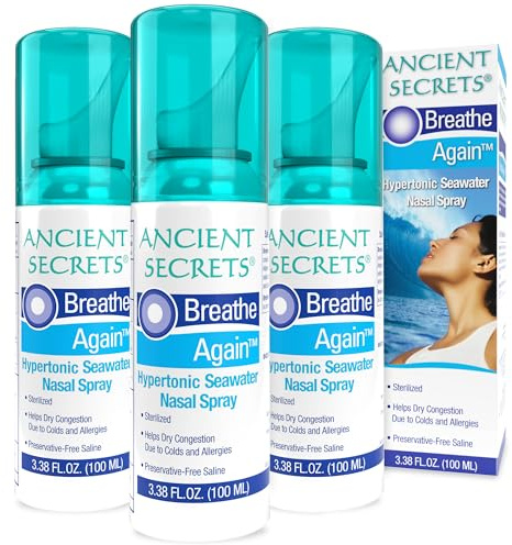 ANCIENT SECRETS Saline Nasal Spray - Breath Again Hypertonic Seawater Nasal Spray, Allergy & Sinus Relief, Nasal Congestion Moisturizer, 3.38 Fl Oz (Pack of 3)