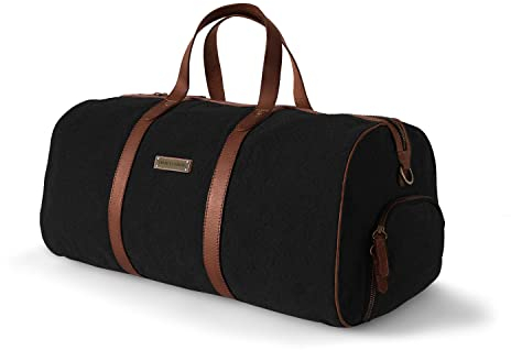 DRAKENSBERG Weekender 'Toby' - kleine Reisetasche mit Schuhfach, Wochenend- und Sport-Tasche, Handgepäck tauglich, Damen, Herren, nachhaltig handgemacht, Canvas, Leder, 40L, Schwarz, DR00145