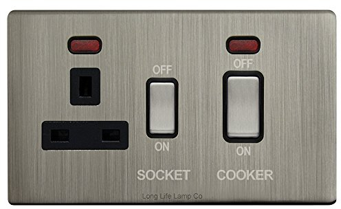 Gloss Brush Chrome 45A Cooker Control Switch Unit with 13A Socket Neon Indicators N331DME Screwless Plate Finish