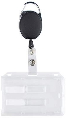 Lot 1 Porte Carte Double avec Boitier Rigide Transparent (9,2 cm x 5,5 cm x 0.6 cm) et Enrouleur a Mousqueton - Pour Carte Bancaire, Carte Professionnelle ou Autre Carte