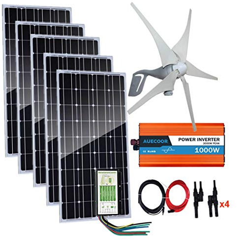 AUECOOR Kit moulin à vent 900 W avec générateur d'éolienne 400 W et 5 panneaux solaires mono 100 W