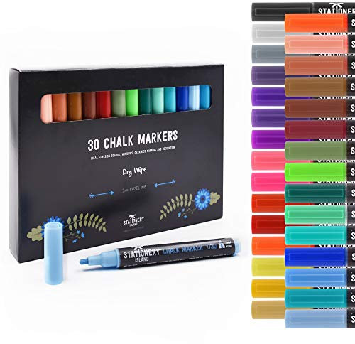 STATIONERY ISLAND Kreidestifte für Tafel Abwaschbar, Kreidestift für Fenster, 30 Farben Kreidemarker für Glas & Tafeln, Bunt Fensterstifte, Zeichnung, Künstler