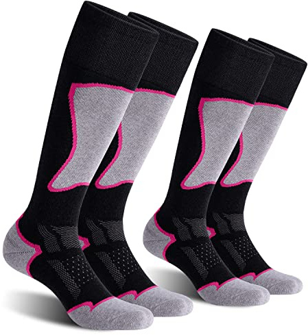 CS CELERSPORT Women's Merino Wool Ski Socks, 2 Pack Thermal Warm Winter Thick Knee High Snowboarding Skiing Socks, Black+Rose Red, Small