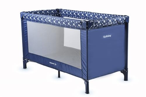 AZIAMOR Holiday Basic AZ111-BLU Lettino da Campeggio Pieghevole Con Sistema LockGuard, Materassino e Borsa Trasporto, Struttura Alluminio, Dalla Nascita ai 3 Anni, Blu