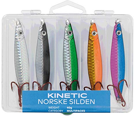 Norske Kinetic Silden - 5er Pilker-Set, in 5 Farben und Gewichten von 25g, 40g und 60g, auffällige Aktion, inkl. Box (5er Pilker-Set 40g)