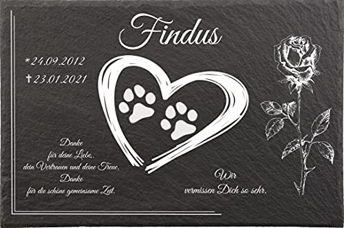 Tiergrabsteine Katzenpfoten im Herz, Grabsteine für Katzen, Gedenktafel aus Naturschiefer, mit personalisierten Text, 30x20cm
