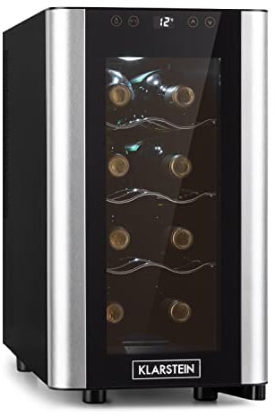 KLARSTEIN Reserva Slim Uno - Frigorifero Vini, Cantinetta, Temperatura: 11-18 °C, Silenzioso: 26 dB, 3 Ripiani in Metallo, Luce LED, Protezione da UV, 23 L/8 Bottiglie, Nero