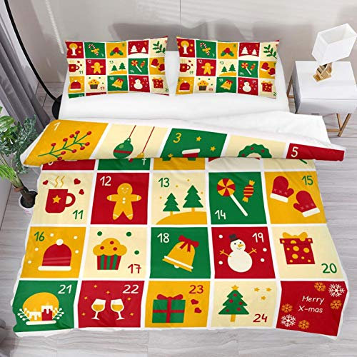 3-teiliges Bettwäscheset mit süßem Weihnachts-Adventskalender-Muster, für Kinder, Teenager, Jungen und Mädchen, 1 Bettdeckenbezug, 2 Kissenbezüge, Reißverschluss und 4 Eckbänder