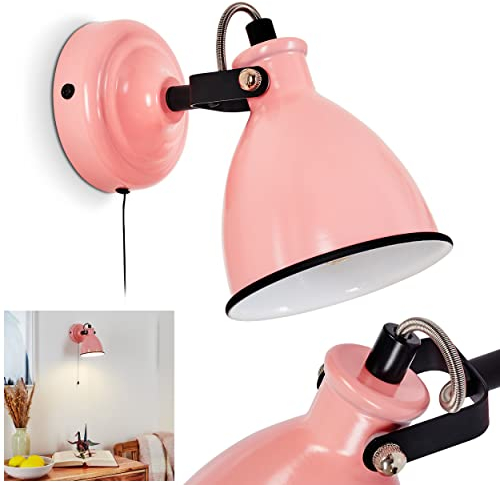 Wandleuchte Selki, moderne Wandlampe aus Metall in Pink glänzend/Weiß/Schwarz mit verstellbarem Strahler, Leuchte im Retro/Vintage-Design mit Zugschnur am Gehäuse, 1-flammig, E14, ohne Leuchtmittel