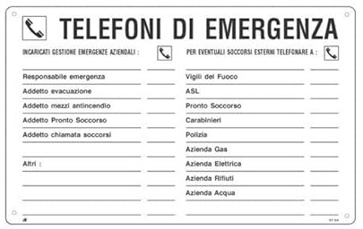 NEW CARTELLO SEGNALETICO - elenco telefoni di emergenza - Adesivo Extra Resistente, Pannello in Forex, Pannello In Alluminio (ADESIVO 30X42 cm)