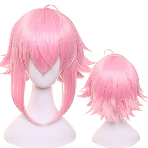 Rosa Perücke für Anime mit kurzen Locken aus hitzebeständigem Synthetikfasermaterial für Halloween, Comic Con und Cosplay-Shows