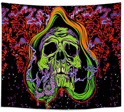 Roninkier Wandteppich Skelett Schwarzlicht Wandbehang - Wandtuch Psychedelic Uv Reaktiver Bohemian Tapestry Hippie Scheinen für Deko Schlafzimmer Wohnzimmer (Skelett, 95x73cm(37x29Zoll))