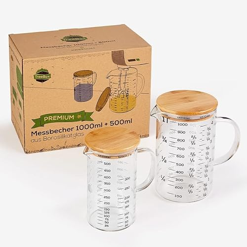 TreeBox Juego de 2 vasos medidores de cristal con boquilla, vaso medidor de 1 l y 0,5 l, resistente al calor, apto para lavavajillas y microondas, diferentes unidades de medida, perfecto para hornear