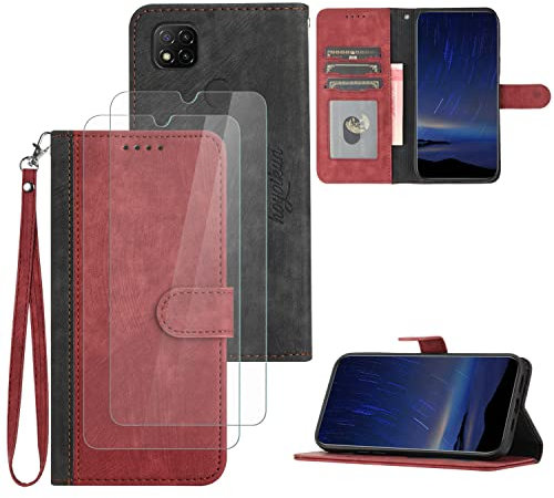 Hoyoikun Coque pour Redmi 9C[2 pcs Protecteur d'écran],Etui en Cuir PU Portefeuille Coque avec Fente Carte,Fonction de Support,Fermeture Magnétique-Rouge