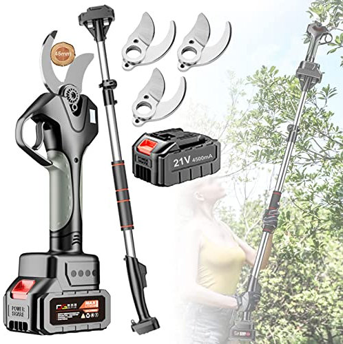 45mm Cesoie elettriche senza fili VUSNPL Forbici da potatura Potatore elettrico per Giardinaggio,21V 4500mAh batteria Forbice da potatura senza/con asta di prolunga,8-12h di lavoro