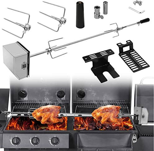 Ansobea Pincho eléctrico de 107 cm universal de acero inoxidable con 2 agujas de carne, pincho para barbacoa con motor, pincho para barbacoa de gas