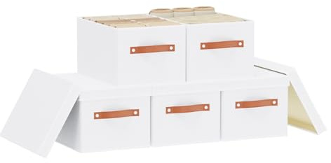 YheenLf 5 Pack Aufbewahrungsbox mit Deckel, faltbare Stoffbox mit Griff, verwendet für die Aufbewahrung von Kleidung, Bücher, Hellgrau,weiß 33x23x18cm