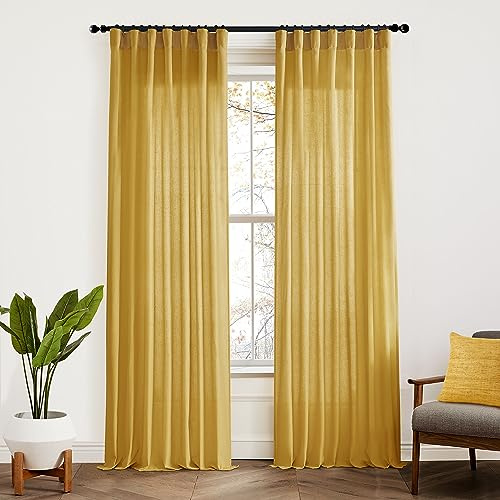 XTMYI Voile-Vorhänge, Senfgelb, 213 cm lang, für Wohnzimmer im Frühling, 2er-Set, strukturiertes Leinen mit hinterer Schlaufe, Bohème-Stil, Retro, für Schlafzimmer