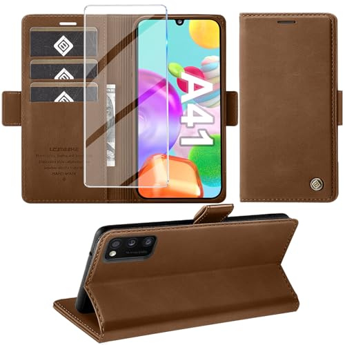 Giyer Handyhülle für Samsung Galaxy A41 Hülle mit Displayschutzfolie, Schutzhülle Galaxy A41 PU Leder Wallet Flip Case Standfunktion Kartenfach Klapphülle für Samsung A41 Tache Cover (Braun)