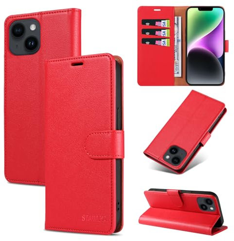 STAWLKA Case for iPhone 14, Premium PU Leather Flip Magnetic Buckle Wallet Case Kickstand Blocking RFID Shockproof Protective Phone Cover for iPhone 14 - Red
