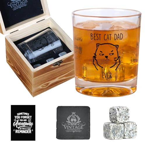 Cat Dad Gifts for Men, Funny Whiskey Set for Cats Lovers Christmas Birthday