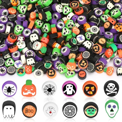SEPGLITTER Halloween-Modelliermasse-Perlen, 300 Stück, Kürbis, Geist, Spinne, gemischte Heishi-Abstandshalter-Perlen für Schmuckherstellung, DIY-Armband, Halskette, Zubehör, Bastelzubehör,