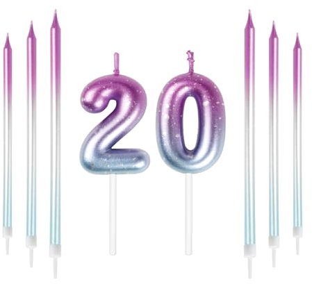Mciskin 20th Birthday Number Kerzen Dekorationen Bunte 20 Kerze mit Rosa Lila Lange Kerzen Kuchen Kerzen Kuchen Topper Dekorationen für Jungen Mädchen Männer Frauen Geburtstagsfeier Hochzeit Jubiläum