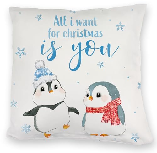 speecheese Pinguin Kuschelkissen mit Spruch All i Want for Christmas is You EIN bequemes DekoKuschelkissen für die Couch Frauen KuschelKuschelkissen Motiv EIS Weihnachten Sofa Aquarell