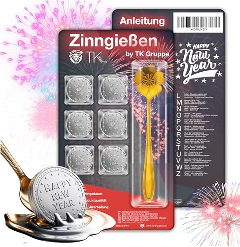 5x 7er Zinngießen mit Zinn Giessen wie Bleigießen Bleigiessen mit & Löffel & Orakelheft mit Deutungen - Gesellschaftspiele & Partyspiele 2026 Feuerwerk Silvester Neujahr