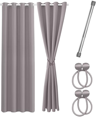 Cozyor Praktisches Set ohne Bohren: 2X Vorhang + 1x Klemmstange Silber 111-200 cm + 2X Raffhalter mit Magnet Blickdicht & verdunkelnd, als Raumteiler, Fenster & Tür Hellgrau Thermovorhang 175x135cm