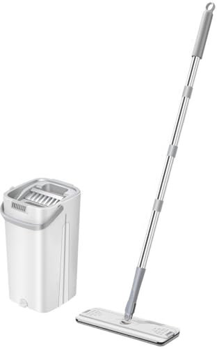 NIBHZ Trapeador y Cubo con Juego de Escurridor, Trapeador y Cubo para Pisos Planos Manos Libres, Trapeador con 4 Almohadillas de Microfibra Reutilizables, Uso Húmedo y Seco,White