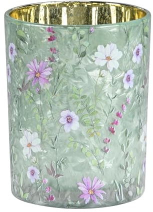 Windlicht Blumen grün Glas Kerzenhalter Glaswindlicht Teelicht Frühlingsdeko Sommerdeko H=12,5 cm