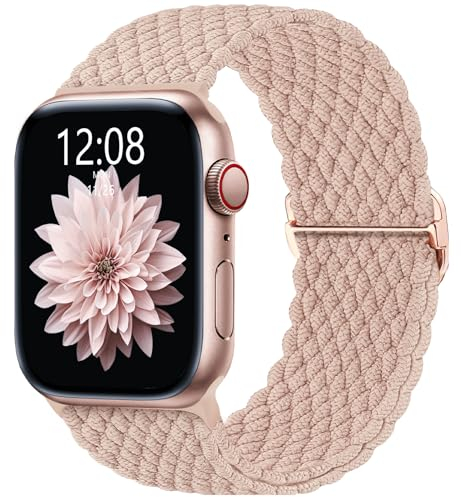 AMSKY Bracelet en Tressé Compatible avec Bracelet Apple Watch 40mm 44mm 42mm 41mm 45mm 38mm 49mm Femme Homme, Textile Bracelet Compatible avec iWatch Serie 9 8 7 6 5 4 3 2 1 SE Ultra, Sable Rose