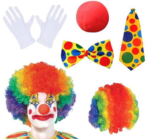 Lithyc 5-Teiliges Clown KostüM Set Mit Bunter Clown-PerüCke,Nase, Fliege, Krawatte und Handschuhen,Zirkus ZubehöR,für Damen Herren KarnevalskostüMe