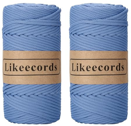Likeecords 2 Rollen Makramee Garn 4mm x 130m Premium Polyester Kordelband Polypropylene Yarn Nylonschnur für Handwerk Häkelgarn für Taschen Wohndekorationen Umhängetasche Handtasche(Blu Cielo)