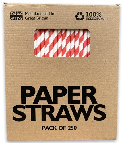 Pajitas de papel biodegradables, paquete de 250 pajitas desechables rojas y blancas para suministros de fiesta, cumpleaños, bodas y Navidad, pajitas reciclables para jugo, café y bebidas frías, 6 mm x