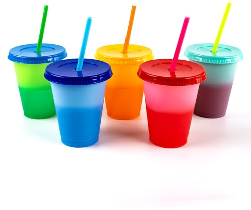 Reusable Glitter Cups with Lids and Straws Plastic Tumblers Changing Cup for Adults to Drink Water Coffee Smoothie Beverages at Parties-475ml Pack of 5