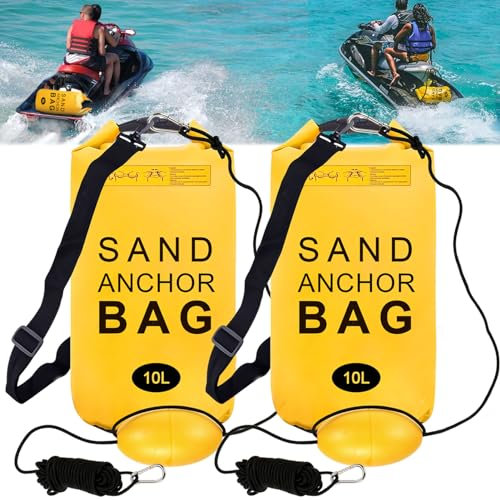 Lanathel 2 Pack Sand Anchor Bag, 10L Waterproof Sand Bag Anchor kit for PWC, Jetski, Kayak, Paddle Board, Small Boats, Beach - Includes 2Pcs Anchor Bag, 2Pcs 30ft Anchor Rope, 2Pcs Adjustable Buoy