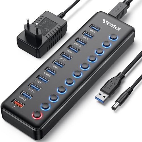 HUB USB 3.0 Alimentado Externa, WENTER Multipuerto USB 11 en 1, 10 Puertos de hub USB 3.0 y 1 Puertos de Carga rápida Indicador Ladron USB Concentrador USB LED y Active Switch con Adaptador de Corrien