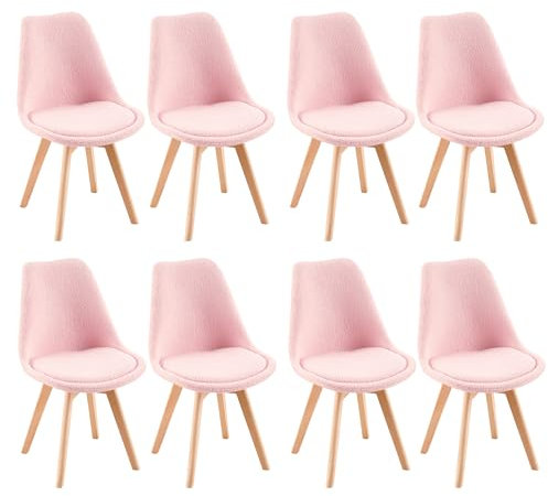 EGGREE 8 Pezzo Sedia da Pranzo di Design Moderno, Sedia Imbottita in Lana Con Sedile Imbottito e Gambe in Legno Massiccio di Faggio Sedia da Cucina Scandinava,Rosa