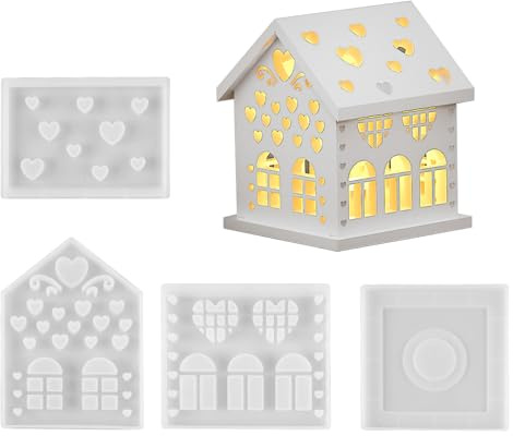 4 Stück Silikonform Haus, Silikonformen Gießformen Gips Zum Basteln Häuser, Silikonform Haus mit Fenster, Gießformen Silikon Häuser, 3D Silikon Gießform Geschenke für Weihnachten