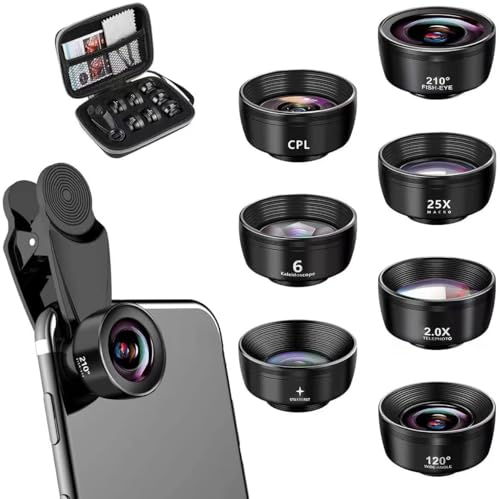 Textiluxe 7 in 1 Handy Objektiv Kit, makro objektiv Handy,fisheye Lens 210° Weitwinkel 120° Makroobjektiv (25x), Telephoto, Kaleidoscope,CPL/Star Filter für iPhone und die meisten Smartphones