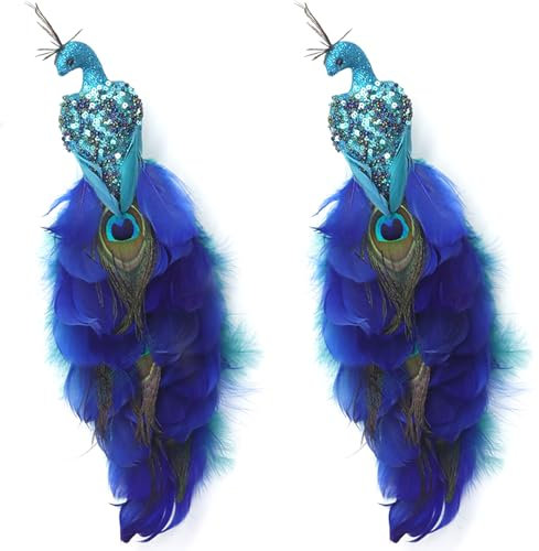 2 Stück Blaue Pfauen-Weihnachtsornamente Pfauen-Clip-on-Ornamente Glitzernde Künstliche Gefiederte Vögel 11,8 Zoll Gefiederter Pfau mit Langem Schwanz für die (2Stk)